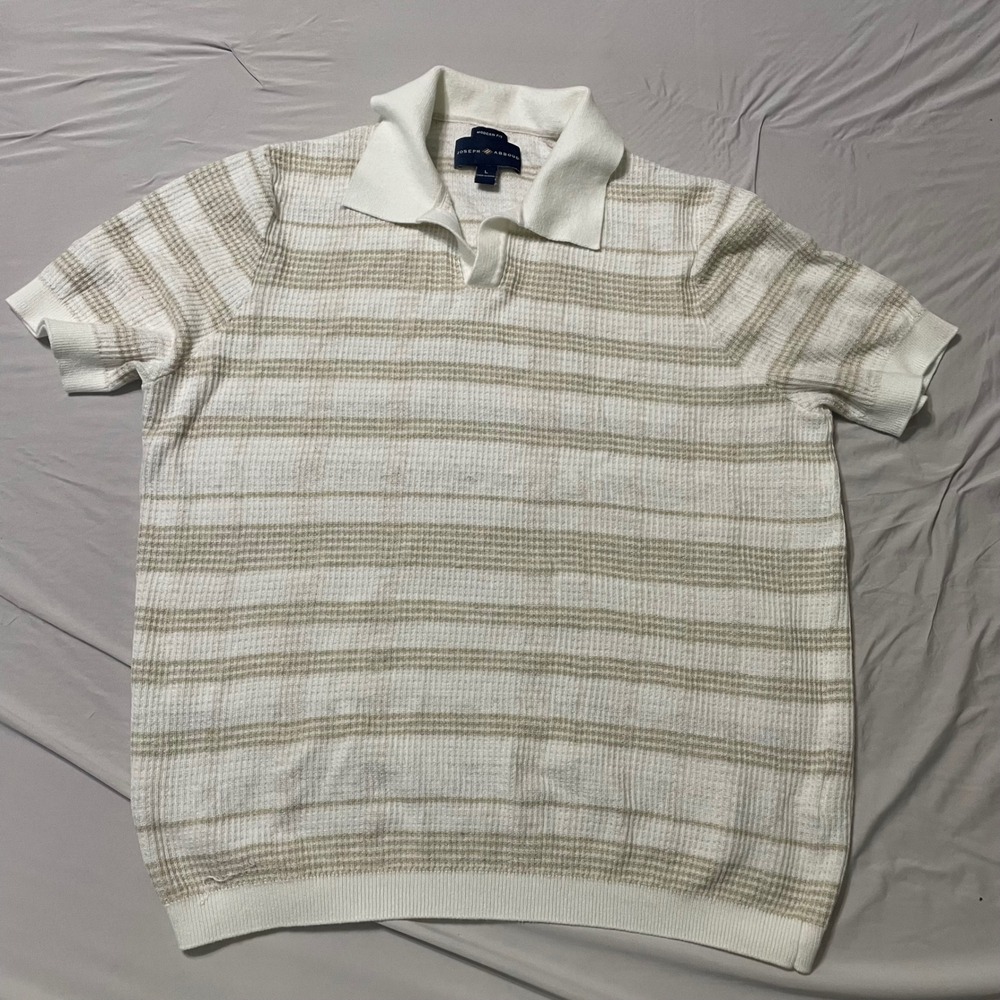 Joseph Abboud Polo Shirt Mens Large Cream Striped Linen Blend Modern Fit Knit